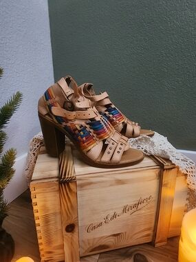 Roots Tan Leather Block Heel Sandals with Multicolor Woven Detail